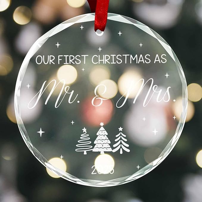 Personalized Round First Christmas Crystal Glass Ornaments Custom 2025 Name Ornament for Christmas Tree Decor Customized Xmas Tree Hanging Gifts for Family Wife Husband