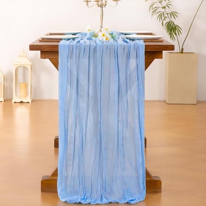 Socomi 3pcs Blue Fall Thanksgiving Cheesecloth Table Runner Boho Rustic Gauze 120 inch 10FT Cheese Cloth Runner for Wedding Party Baby Shower Birthday Home Decor Holiday Decorations