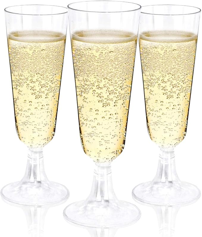 BUCLA 100 Pack Clear Plastic Champagne Flutes- 5OZ Plastic Champagne Glasses- Premium Quality Clear Disposable Cups-Ideal for Parties& Weddings