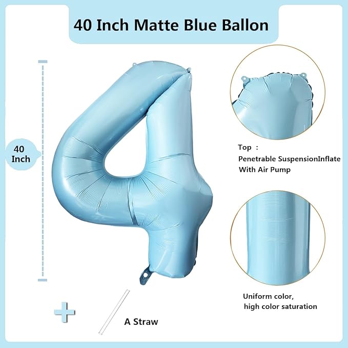 40 Inch Matte Blue 4 Number Balloons Light Blue Number 4 Foil Balloon Mylar Helium Balloon for Birthday Party Decoration Wedding Anniversary Supplies (Number 4)