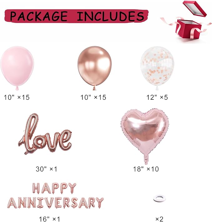 Anniversary Decorations, Happy Anniversary Banner, Pink Hanging String Hearts, Pink and Rose Gold Balloons, Love Balloon, Red Silk Rose Petals for Wedding Bridal Shower Bachelorette Party Decorations