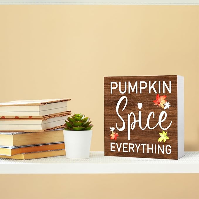 Funny Autumn Wood Box Sign Pumpkin Spice Everything Wooden Block Desk Decor for Home Office Kitchen Cubicle Table Shelf Tabletop,Farmhouse Fall Sign Decor