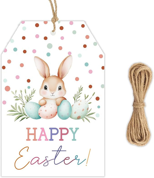 Easter Gift Tags, 50PCS Happy Easter Bunny Tags, Cute Pastel Egg Gift Tags with String, 2.2"x3.3" Paper Tags for Easter Basket, Holiday Party Favors, DIY Gift Wrapping