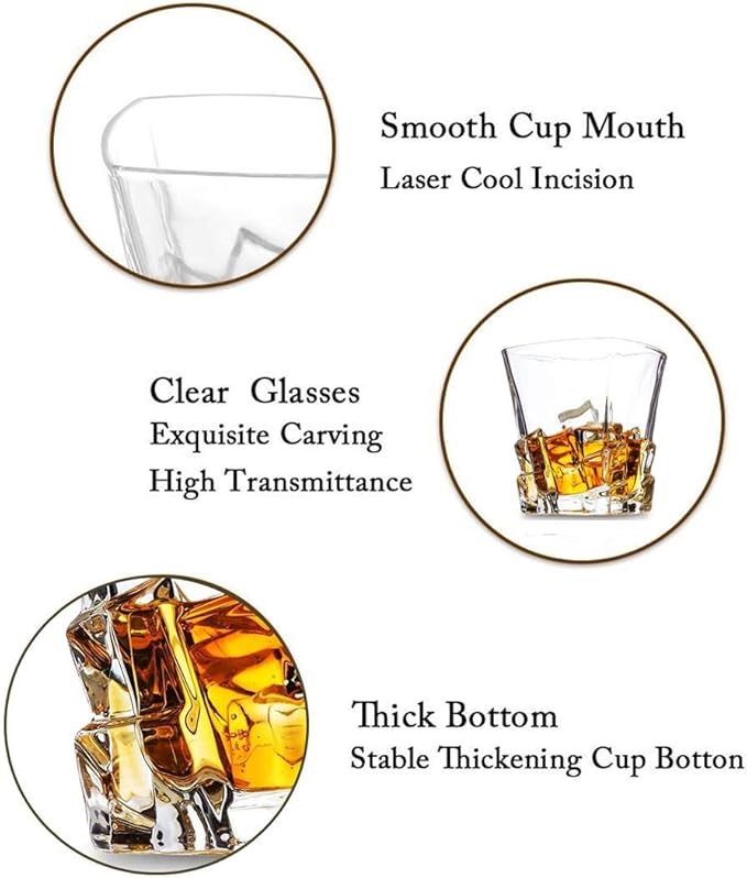Premium Crystal Whiskey Glasses Set of 6 Large Lead-Free Crystal Glass Tasting Cups Scotch Glasses Tumblers for Drinking Irish Whisky Bourbon Tequila (Ice Cube, 6 * 9.6 oz)