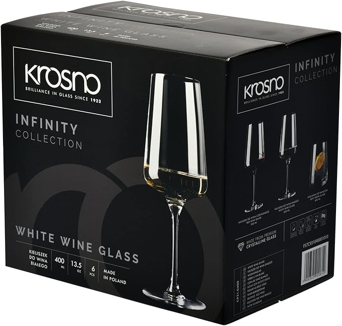 Krosno White and Sparkling Wine Glasses, 6 piece set, 13.52 oz, Infinity Collection, Elegant, Crystal Glass, Lead-free Glass, Dishwasher Safe, Made in Europe