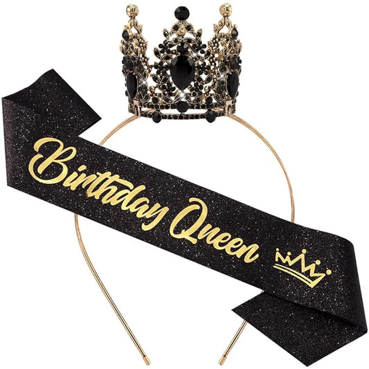 Birthday Queen Sash for Women Tiara & Crowns Headbands for Girls Happy Birthday Party Accessories Favor Supllies Leona Gold Black Pink, 2 Pack
