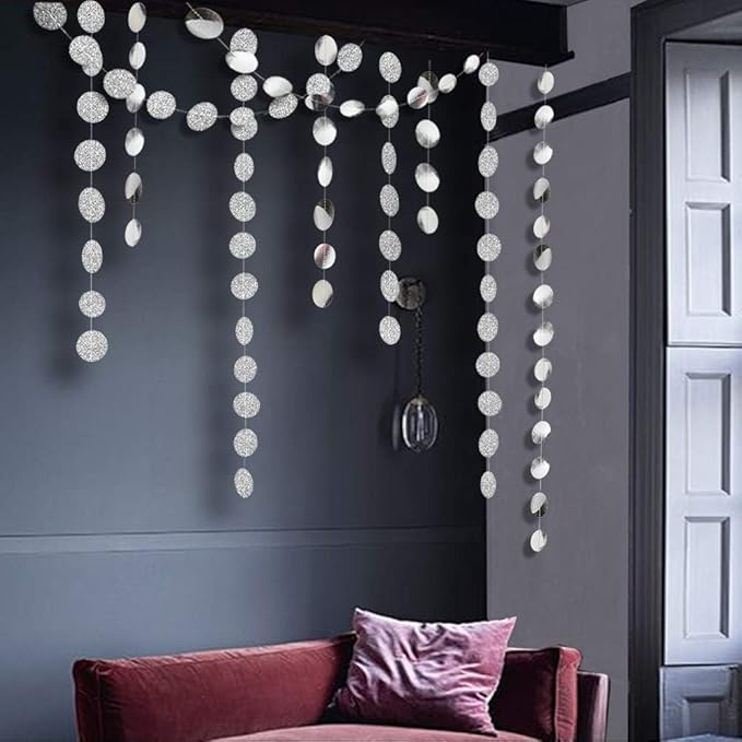 Cheerland Silver Party Decorations Circle Garlands Silver Birthday Decorations Banner Hanging Streamer Backdrop Decor Bday Bridal Bachelorette EID Graduation Christmas NYE New Year Eve Party Supplies