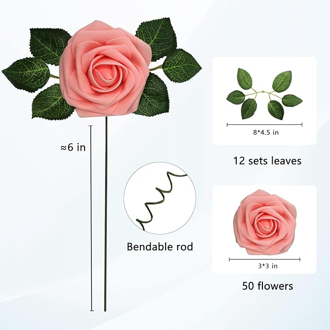 JOYLEX Artificial Flowers Realistic Roses, 50pcs Real Looking Fake Roses with Stem for DIY Wedding Bouquets Centerpieces Bridal Shower Party Home Romantic Decorations (Regular 3" - 50pcs, Pink)