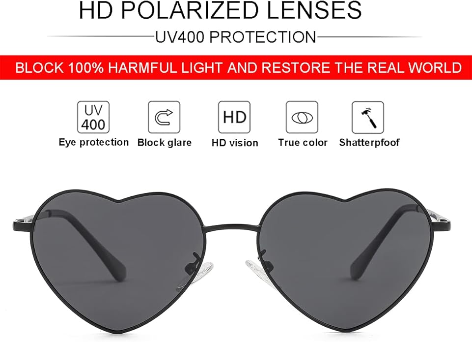 JOVAKIT Polarized Heart Sunglasses for Women Fashion Lovely Style Metal Frame UV400 Protection Lens