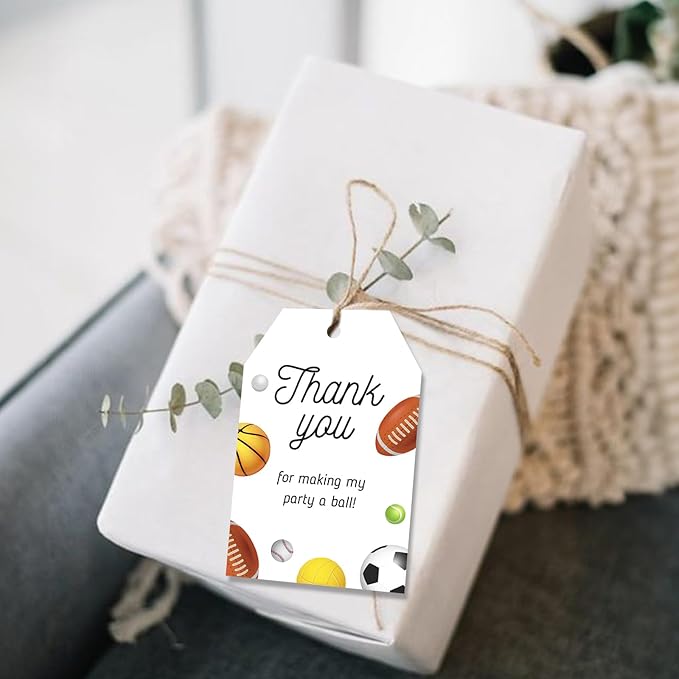 G2PLUS 50PCS Sports Thank You Tags, Thank You Gift Tags with String, Thank You for Making My Party A Ball Tag, Basketball Football Label Hangtags for Birthday, Baby Shower Party Favors