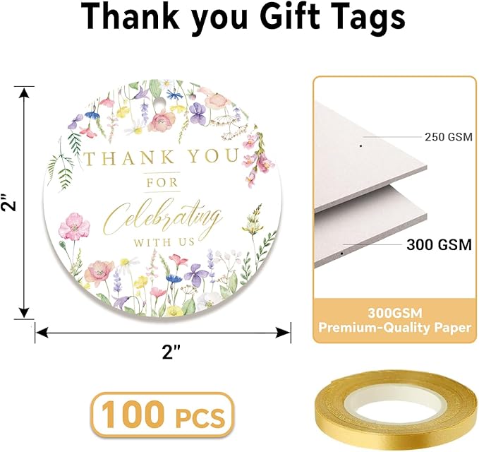 50PCS Thank You Gift Tags, 2x2 inch Pink Floral Personalized Gift Tags with String for Wedding Birthdays Party Favors Baby Shower Bridal Shower
