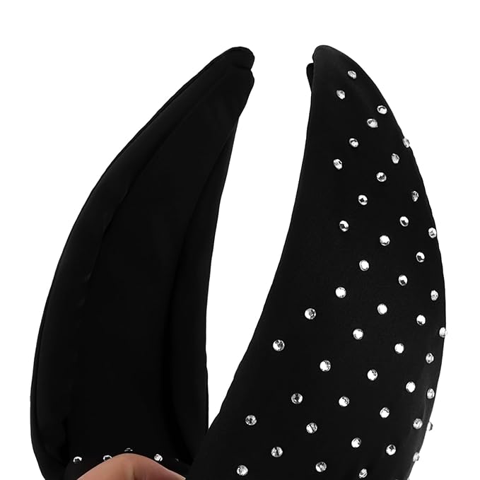 YISSION Black Rhinestone Knotted Headband for Women, Sparkly Crystal Embellished Hair Hoop, Elegant Wide Top Knot Hair Accessory for Party, Wedding, Daily Styling