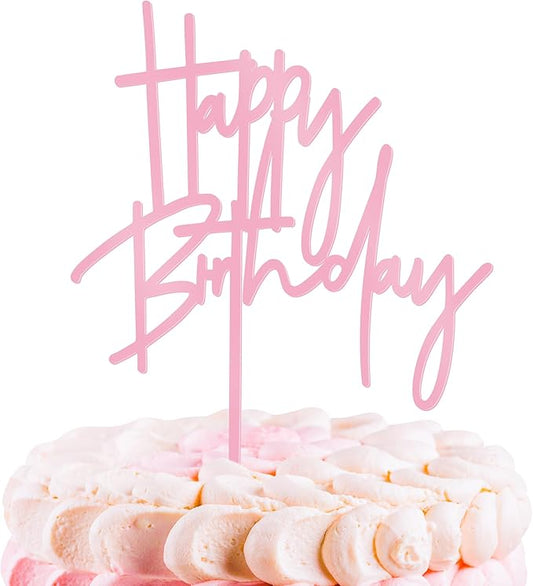 1PCS Pink Birthday Cake Topper, 5.3 x 7.2Inches Happy Birthday Cake Topper, Acrylic Happy Birthday Cake Sign for Children or Adults, Party Cake Desserts Decor and Photo Booth Props