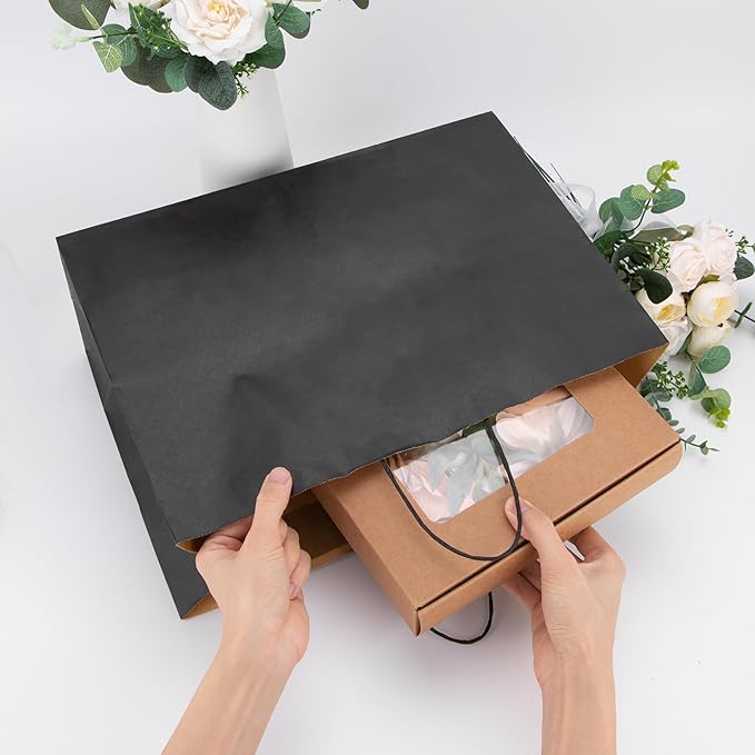 Ronvir 70Pcs Paper Bags with Handles 16x6x12 inch, Large Recycled Kraft Paper Bags Bulk for Shopping, Wedding,Business, Retail, Boutique, Party, Grocery, Party Favor - Black
