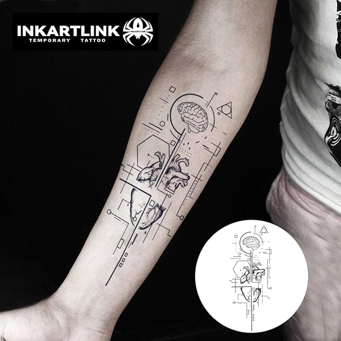 INKARTLINK Semi Permanent Tattoo, Party Tattoo, Beautiful and Realistic Design, Fun Tattoo Experience, Cruelty-free, Non-reflective, Waterproof (Heart Hrain Creative Geometric Graphics)