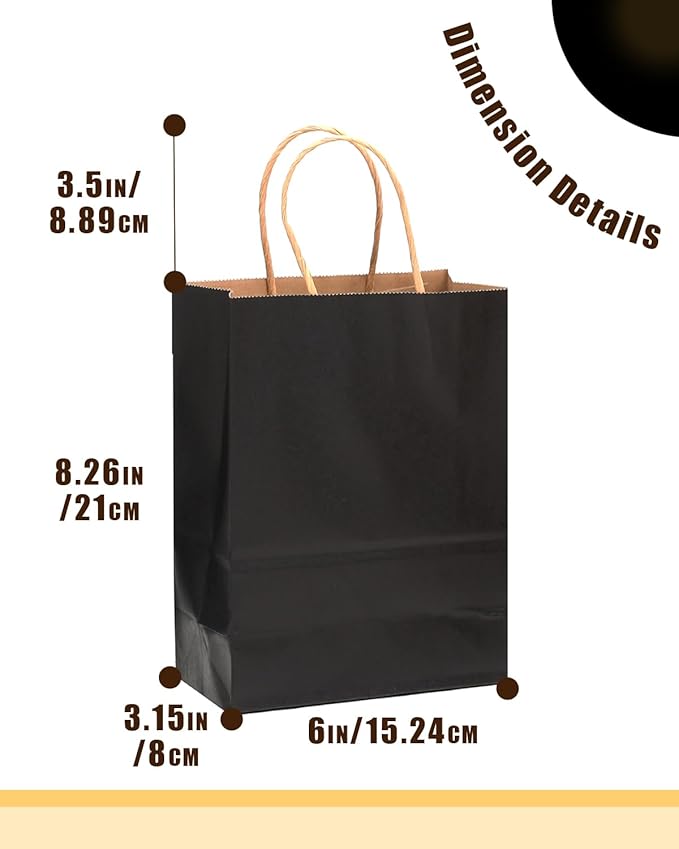 qiqee 100-Packs Black Paper Gift Bags with Handles Bulk 8.26"×6"×3.15" Small Size Gift Bags Multiple Uses