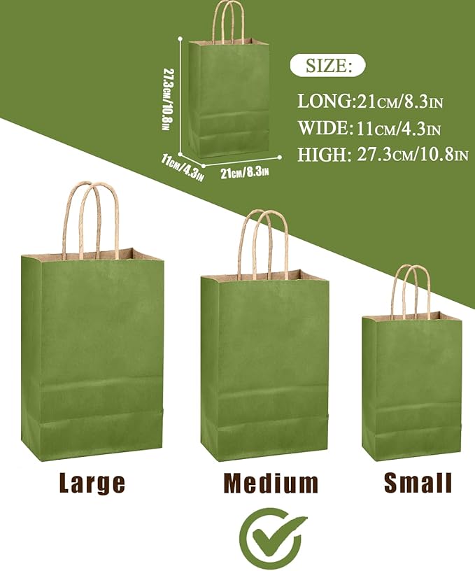 qiqee Light Olive Green Gift Bag with Handles Bulk 24Pcs Paper Bags -10.6"x8.3"x4.3"Party Favor Bags - Solid Color