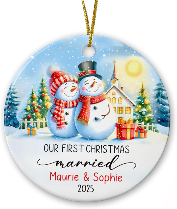 Personalized Our First Christmas Married Ornament 2025 - Custom Year & Names Couple Snowman Wedding Gift for Newlywed Husband Wife - Mr & Mrs Just Married Xmas Tree Decor