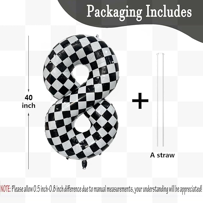 40 Inch Checkered Number Balloon 8 Black and White Number 8 Balloon Foil Helium Balloons for Birthday Party Decoration Girls Boys Baby Shower Anniversary Decoration Race Car Party Decoration