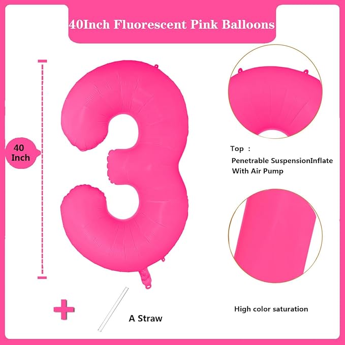 Fluorescent Rose Red Number Balloon 40 inch Giant Foil Helium Balloons Pink Number 3 Balloon for 3rd Birthday Party Decorations