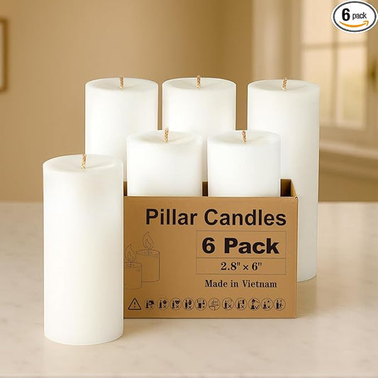 White Pillar Candles - Set of 6, 70 Hour Long Burning, Unscented and Dripless Pillar Candles Bulk, Large Candles Bulk(3x6 inch) for Christmas Lights, Weddings, Parties, Spas, Home Decor