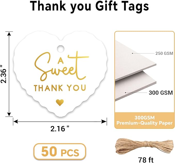 50pcs Gold Foil Thank You Tags with String, Pre-Punched Hole Gift Tags with String - Perfect for Weddings, Baby Showers, Parties, Celebrations - A Sweet Thanks You(2.36"*2.16")