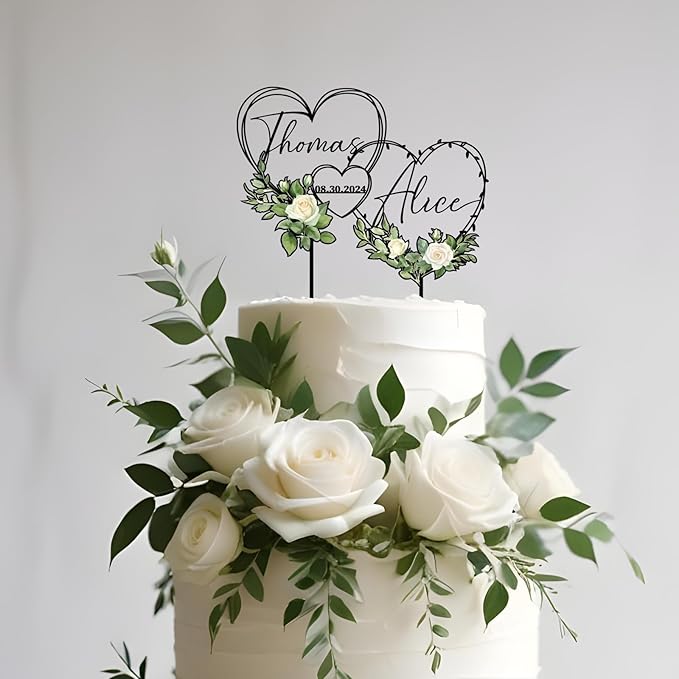 Personalized Hearts Wedding Cake Topper in Acrylic and Wood Custom Bride Groom Names and Wedding Date White Floral Design Cake Decoration