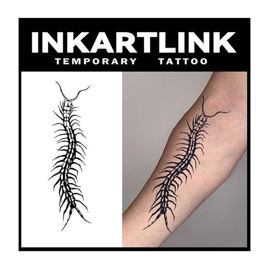 INKARTLINK Tattoo Tech, 2 Sheets Large Semi Permanent Tattoo, Adult Art Design Temporary Tattoos, Lasts 1-2 Weeks, Waterproof, Realistic Look, No Adhesive, No Reflection (Centipede Design)