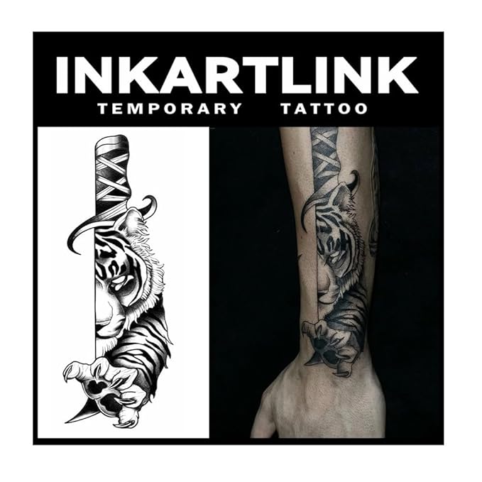 INKARTLINK Tattoo Tech, 2 Sheets Medium Semi Permanent Tattoo, Adult Art Design Temporary Tattoos, Lasts 1-2 Weeks, Waterproof, Realistic Look, No Reflection (Tiger Sword)