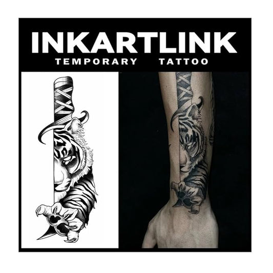 INKARTLINK Tattoo Tech, 2 Sheets Medium Semi Permanent Tattoo, Adult Art Design Temporary Tattoos, Lasts 1-2 Weeks, Waterproof, Realistic Look, No Reflection (Tiger Sword)