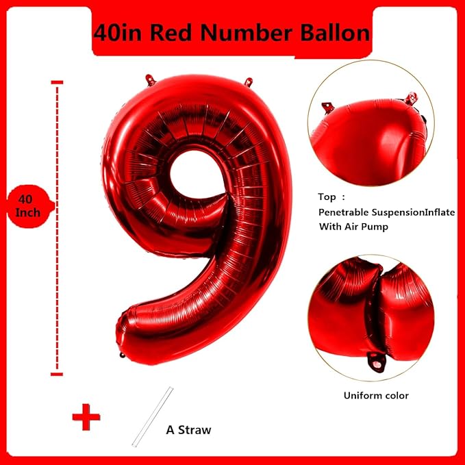 40 Inch Red Number 9 Balloon Large Red Foil Balloon Red 9 Balloons Mylar Helium Balloon for 9th Birthday Party Decorations Girls Boys Baby Shower Wedding Anniversary Decoration