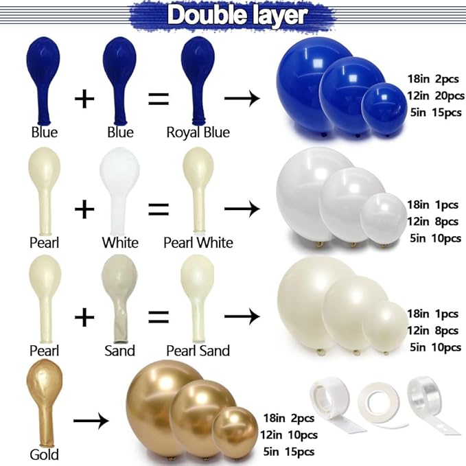 Royal Blue and Gold Balloon Garland - Double Stuffed Pearl Sand White Blue Gold Balloons Arch Kit for Birthday Graduation Anniversary Bachelorette Wedding Baby Shower Party Decoration