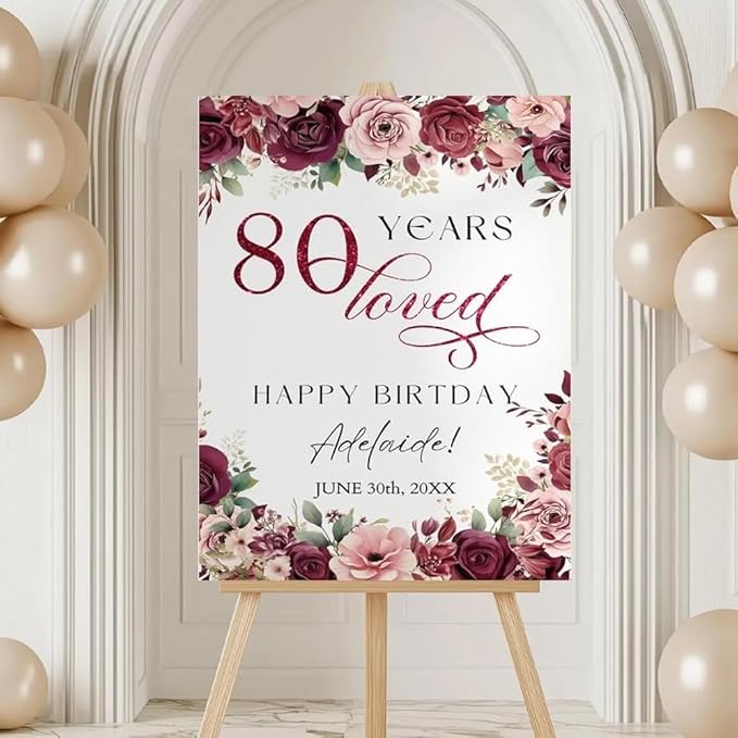 80th Birthday Welcome Sign Template for Mother Grandma, Pink Burgundy Floral 80 Years Loved Octogenarian Birthday Party Welcome Sign Poster, birthday decorations