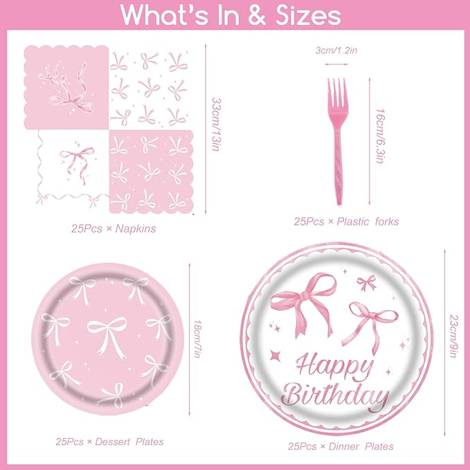 101Pcs Bow Birthday Decorations Pink Bow Themed Party Tableware Set-Paper Plates and Napkins,Forks,Pink Bow Tablecloths for Baby Shower Party,Girls Birthday Party,Serves 25 Guests