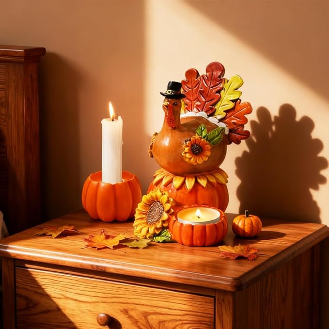 Thanksgiving Turkey Candle Holders, Table Centerpiece Decor for Thanksgiving, Resin Turkey with Pumpkin Fall Home Decor for Harvest Party Supplies