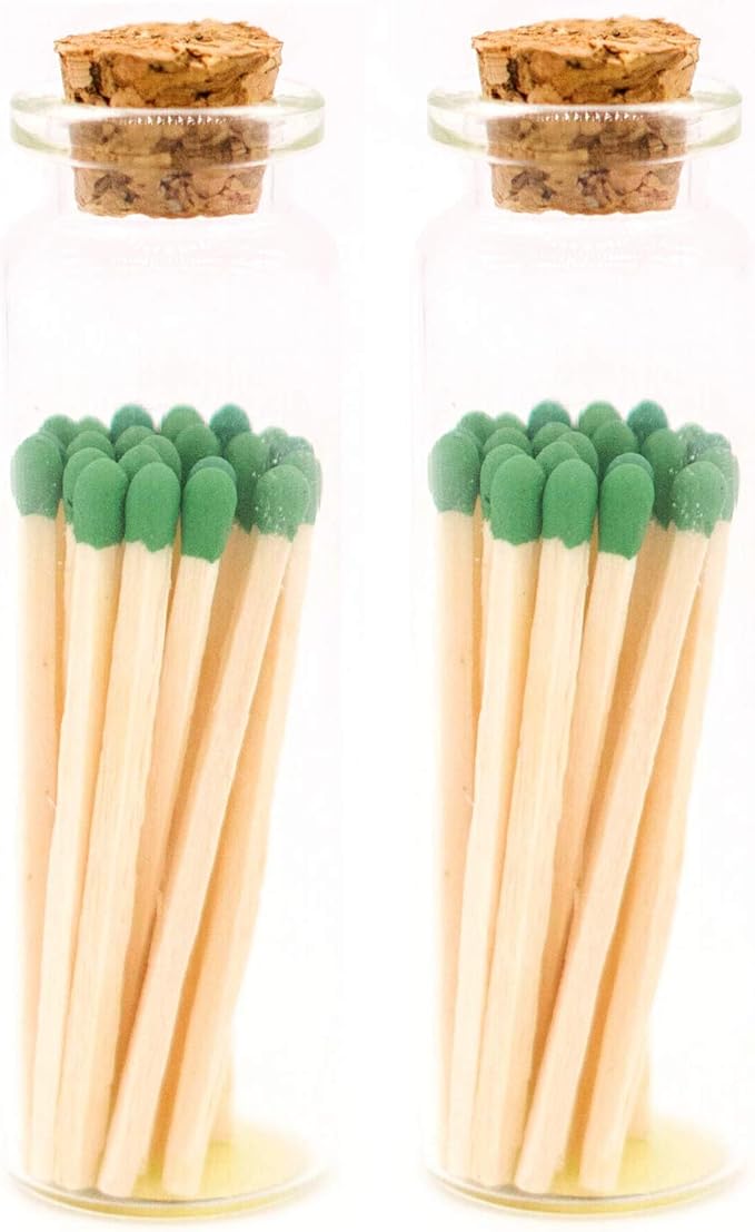 River Birch Decorative Matches in a Bottle with Striker - Cute & Colored Matches - 2 Bottles, Emerald Green Tip, 40 Matches