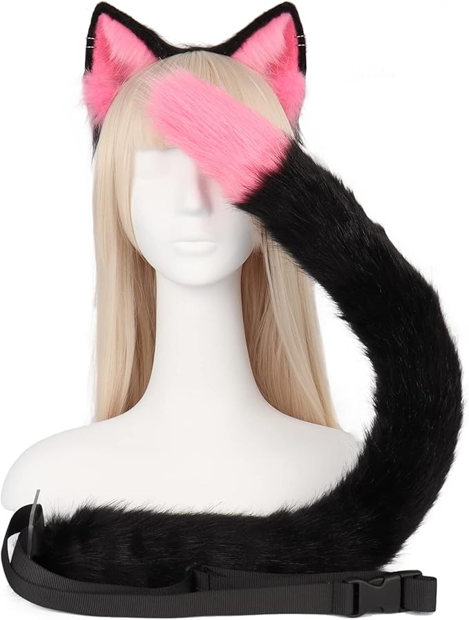 QinRuan Animal Cosplay Costume Accessories Furry Faux Fur Cat Ears Headband and Fox Tail Set Halloween Accessory
