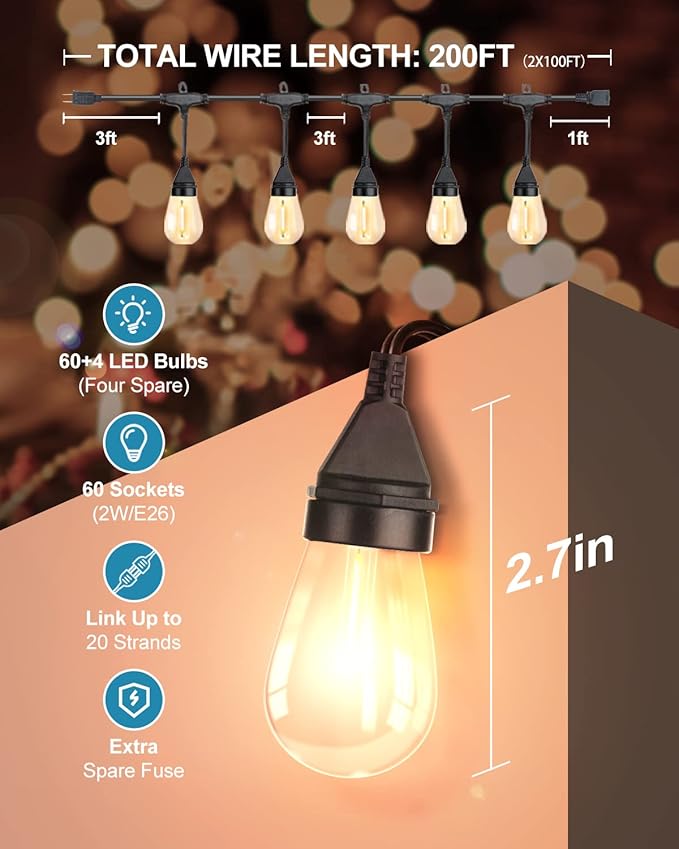 Lightdot 200 FT (2x100FT) Outdoor Led Patio Lights, ETL Listed Led String Lights with Shatterproof Edison Vitage Bulbs, Commercial Grade Hanging Light for Patio Cafe Bistro Backyard