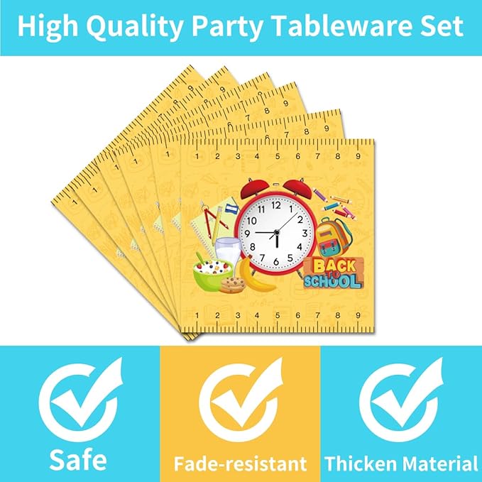 96 Pcs Back to School Decoration Disposable Tableware Set - Cartoon Back to School Apples Pencils Clock Paper Plates Napkins Forks First Day of School Theme Party Supplies Serve 24 Guests