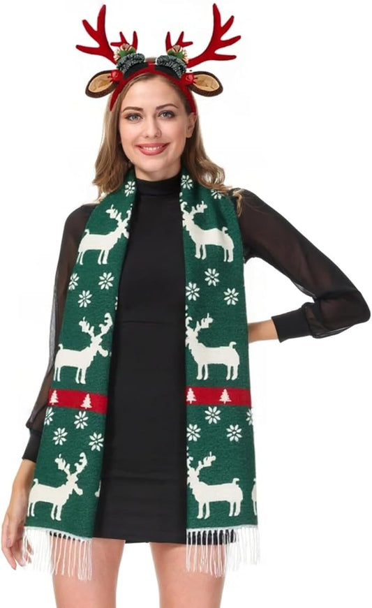 Unisex Christmas Scarves for Women Men Boys Girls Christmas Gifts Winter Scarf with Reindeer and Snowflake Shawl Wrap Xmas