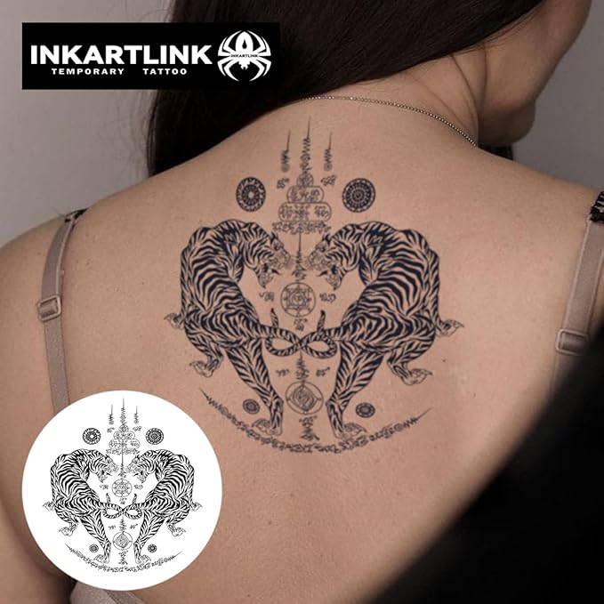 INKARTLINK Tattoo Tech, 2 Sheets Large Semi Permanent Tattoo, Adult Art Design Temporary Tattoos, Lasts 1-2 Weeks, Waterproof, Realistic Look, No Reflection (Twin Tigers Mandala)