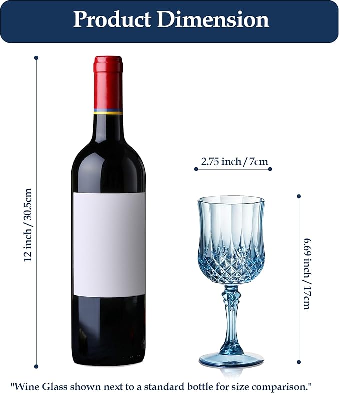 XUWAIDSGN 7oz Plastic Vintage Wine Glasses Drinking Glasses Unbreakable Wedding Glassware Crystal Water Goblets Reusable Drinkware Vintage Champagne Flutes (48, Blue)