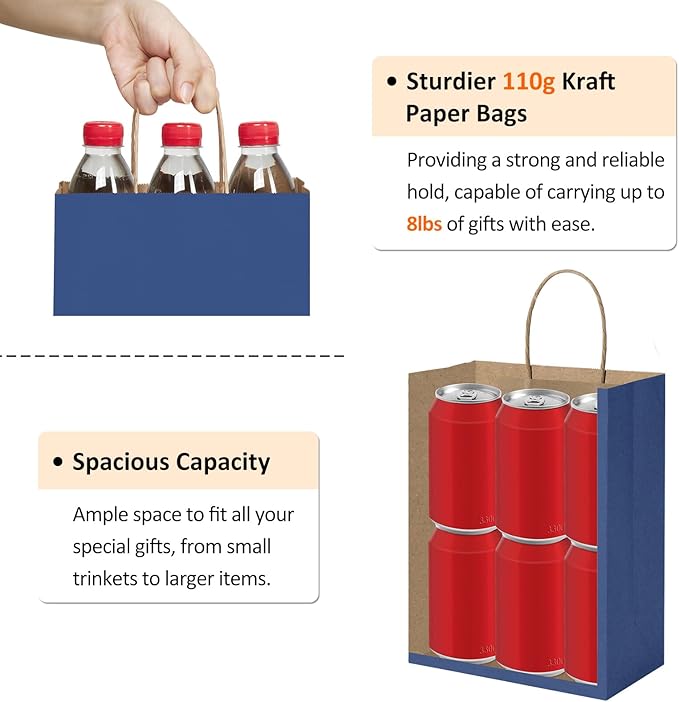 BagDream 25Pcs Navy Blue Gift Bags 8x4.25x10.5 Kraft Paper for Gifts, Shopping Retail Merchandise Grocery Sacks, Navy Blue Paper Bags with Handles Bulk Medium