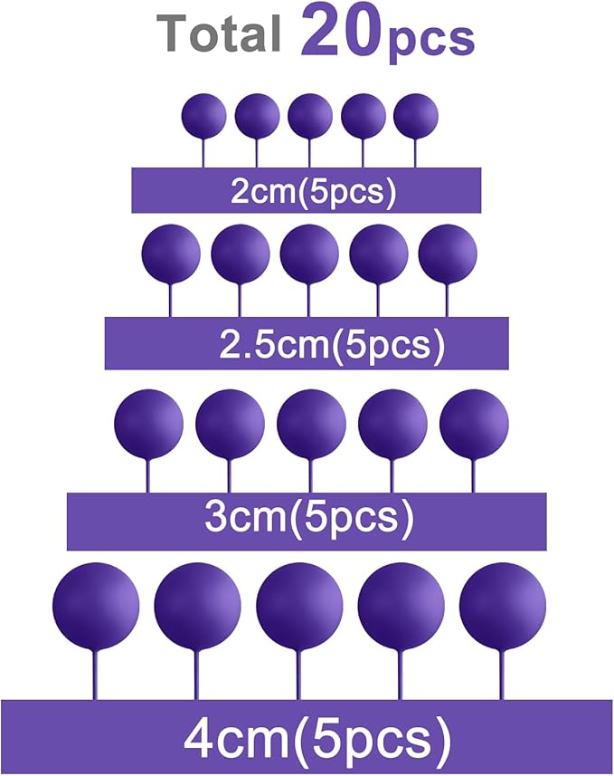 ASTARON 20 Pcs Ball Cake Topper Decorations Mini Balloons Cake Topper Sticks Dark Purple Balls Cake Picks Cake Topper Balls Cake Decorations for Halloween Birthday Cake Decorations