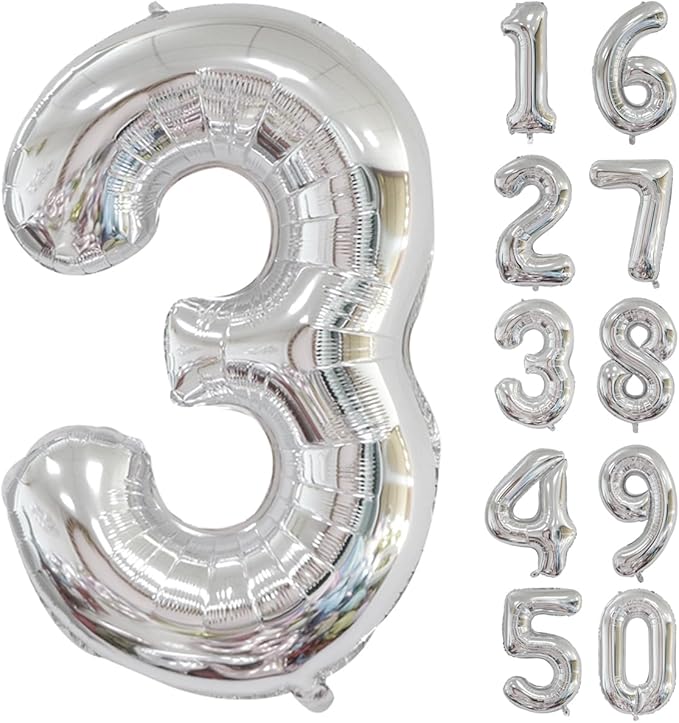 40 inch Silver Number Balloon Giant Foil Helium Balloons Silver Number 3 Balloon for 3rd Birthday Party Anniversary Decorations Supplies