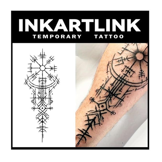 INKARTLINK Temporary Tattoos, 2 Sheets Large Semi Permanent Tattoo, Adult Art Design Temporary Tattoos, Lasts 1-2 Weeks, Waterproof, Realistic Look, No Adhesive, No Reflection (Ancient symbols)