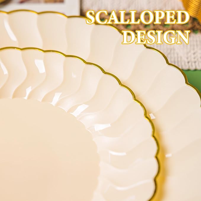 Lullaby 60PCS Light Yellow Plastic Plates, Disposable Elegant Plates Include 30pcs Dinner Plate 10.25", 30pcs Plastic Dessert Plate 7.5", Perfect for Wedding and Party