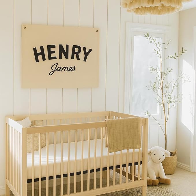 Personalized Baby Name Embroidered Banner, Custom Hand Embroidered Canvas Wall Hanging, Customized Nursery Name Sign Flag Pennant for Kids Room Baby Shower Birthday Party Gift Backdrop Boho Decor