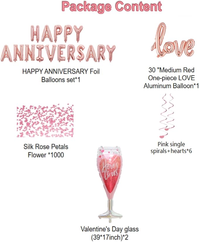 Bonropin Pink Valentine's Day & Anniversary Decorations: 36 Latex Balloons, 1 Glass Balloon, 1000 Rose Petals, Glue & More