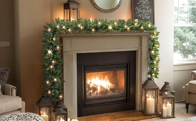 KING BIRD Pre-lit Christmas Garland, 9 FT by 12 Inch, Classic Green Christmas Garland with 50 Warm Lights 300 Branch Tips for Christmas